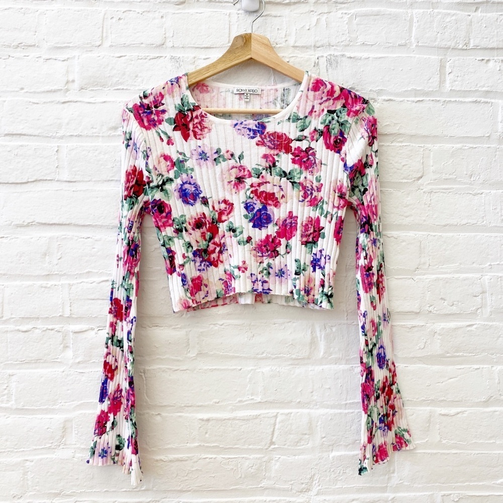 Ronny Kobo || Magda Ribbed Floral Crop Top Bell‎ Sleeve White Pink Medium